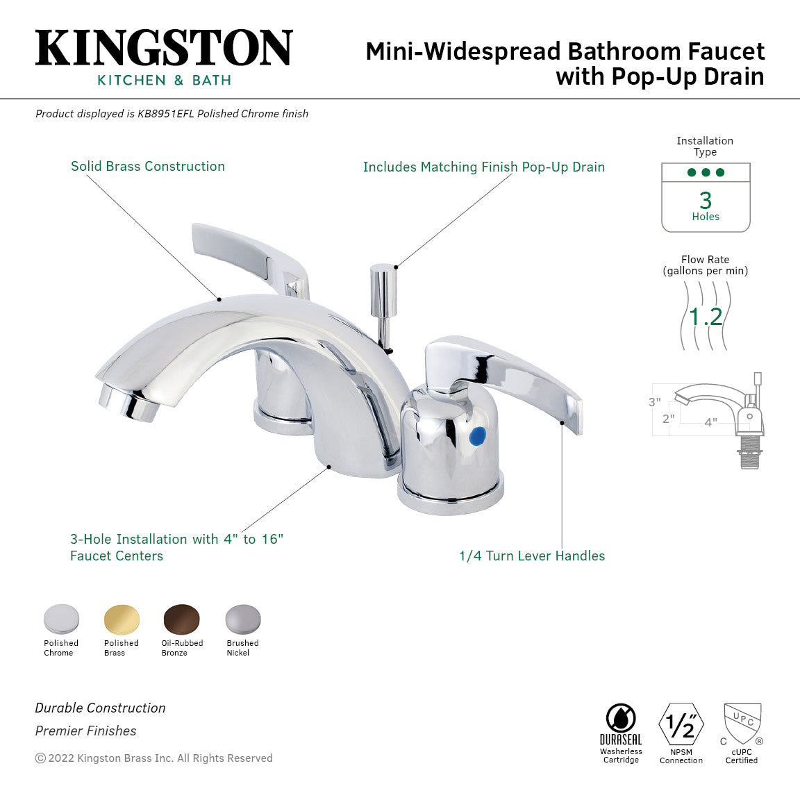 Kingston Tulare KB8958EFL - Centurion Two-Handle 3-Hole Deck Mount Mini-Widespread Bathroom Faucet with Pop-Up Drain, Brushed Nickel — thumbnail 3
